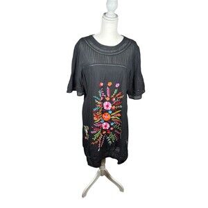 Ivy Jane Boho Embroidered Tunic Dress M Black Floral Festival Peasant